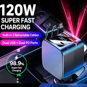 7-in-1 Car Cup Holder Charger with Retractable Cables, 180° Rotating Super Fast Charging Station, Star Projector Star Light LED Voltage Display, USB-C Car Adapter Compatible with iPhone 16/15/14, Samsung Galaxy