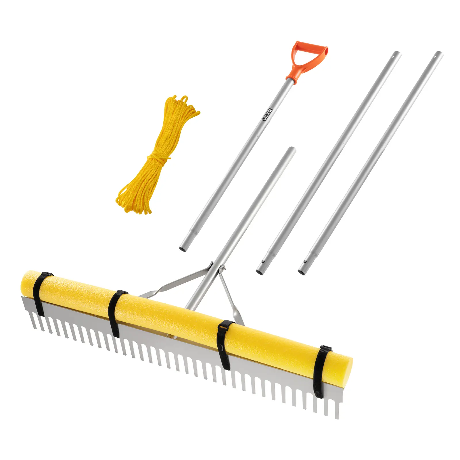 【Summerfinds】VEVOR Landscape Rake, 36 in Wide Head, 133 in Adjustable Handle Length, Non-Slip Handle, Heavy-Duty Lightweight Aluminium Tool, 52 ft Spring-Lock Extension Rope, Crack-Resistant for Soil Loosening, Asphalt Leveling, Easy Assembly