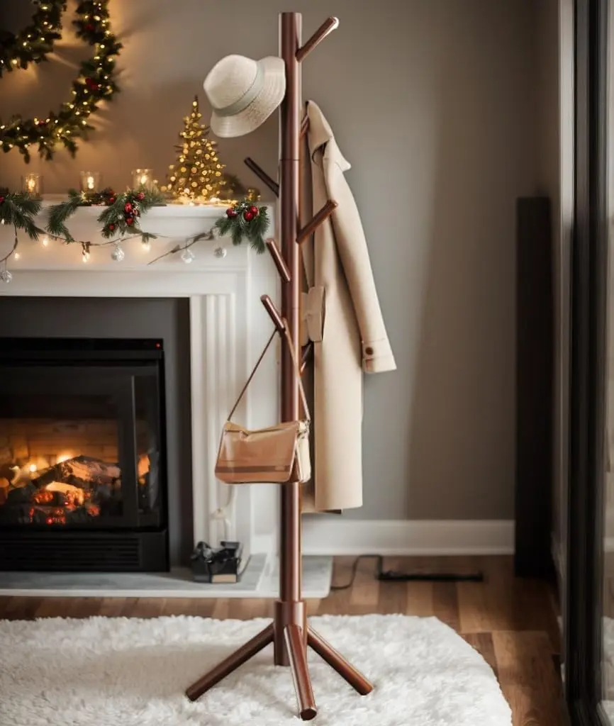 Sturdy Wooden Coat Tree with 8 Hooks, 3 Adjustable Sizes for Clothes, Hat Stand Used in Bedroom/Office/Entryway, Brown