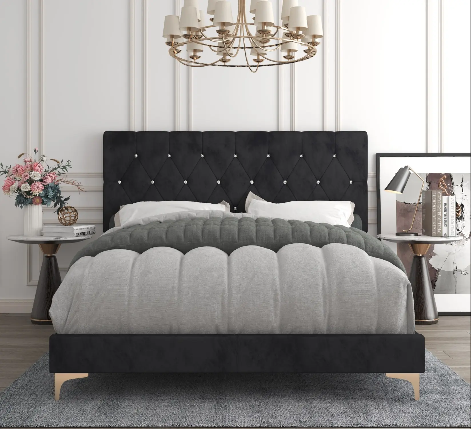 Favorer Samantha Velvet Upholstered Panel Bed Frame with Diamond Tufted Headboard, Box Spring Required - Black, Full Size & Queen Size Options, Full Size Bed