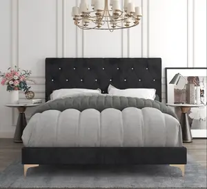 Favorer Samantha Velvet Upholstered Panel Bed with Diamond Button Tufted, Box Spring Require - Black