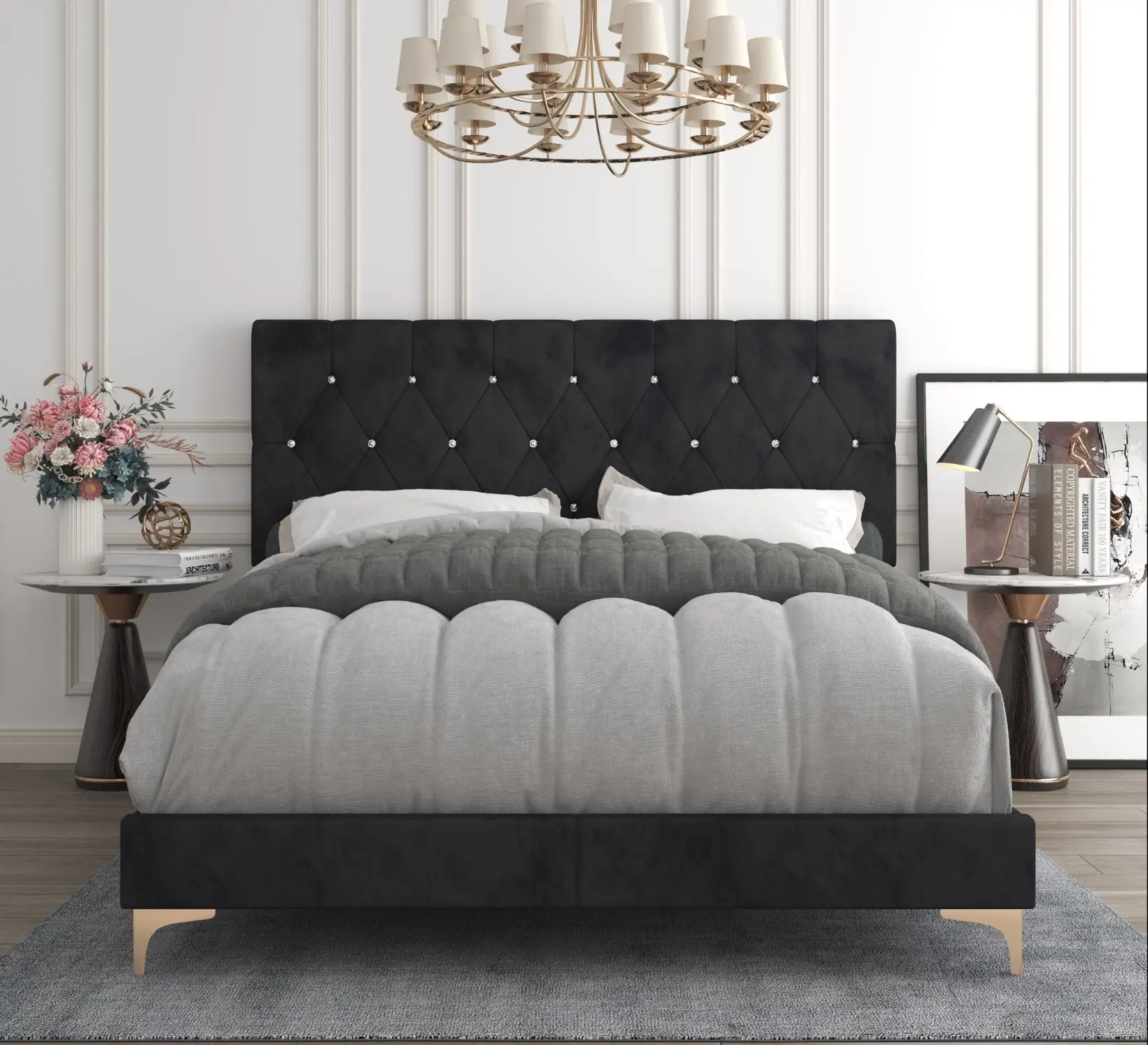 Favorer Samantha Velvet Upholstered Panel Bed with Diamond Button Tufted, Box Spring Require - Black