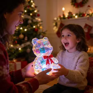 1Pc Dreamy Color Bear Decorative Light, Glowing Bear Ornament with Red Bow, Art Decorative Light, USB Powered, Unique Gifts for Girls, Anniversary Gifts, Wedding Decoration Decoration Gifts