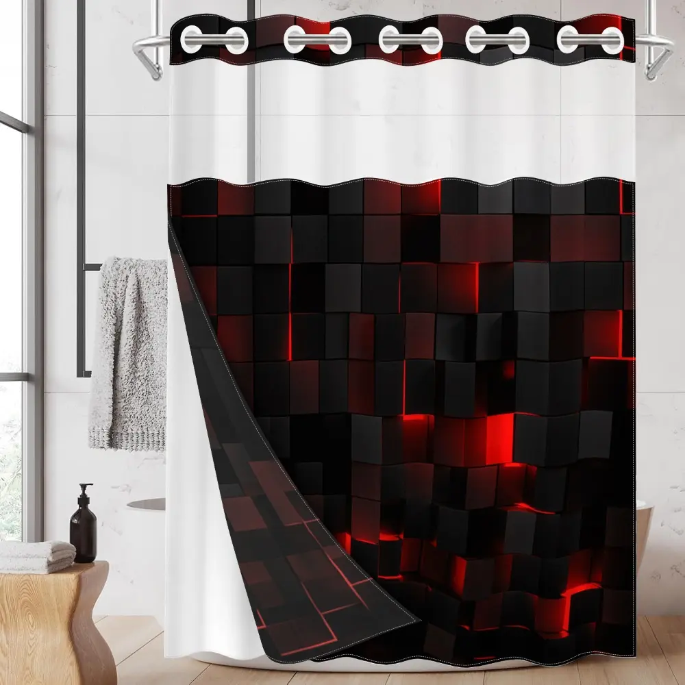 1pc hookless printed shower curtain, Shower Curtain No Hooks, with buckle lining, red and black square patchwork design, 2D flat printing, fabric waterproof lining, 71 x 74 inches