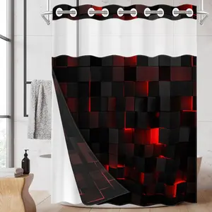 1pc hookless shower curtain with buckle lining, red and black square illuminated patchwork design, 2D flat printing, fabric waterproof lining, see-through double-layer shower curtain, 71 x 74 inches, modern home draping curtain.