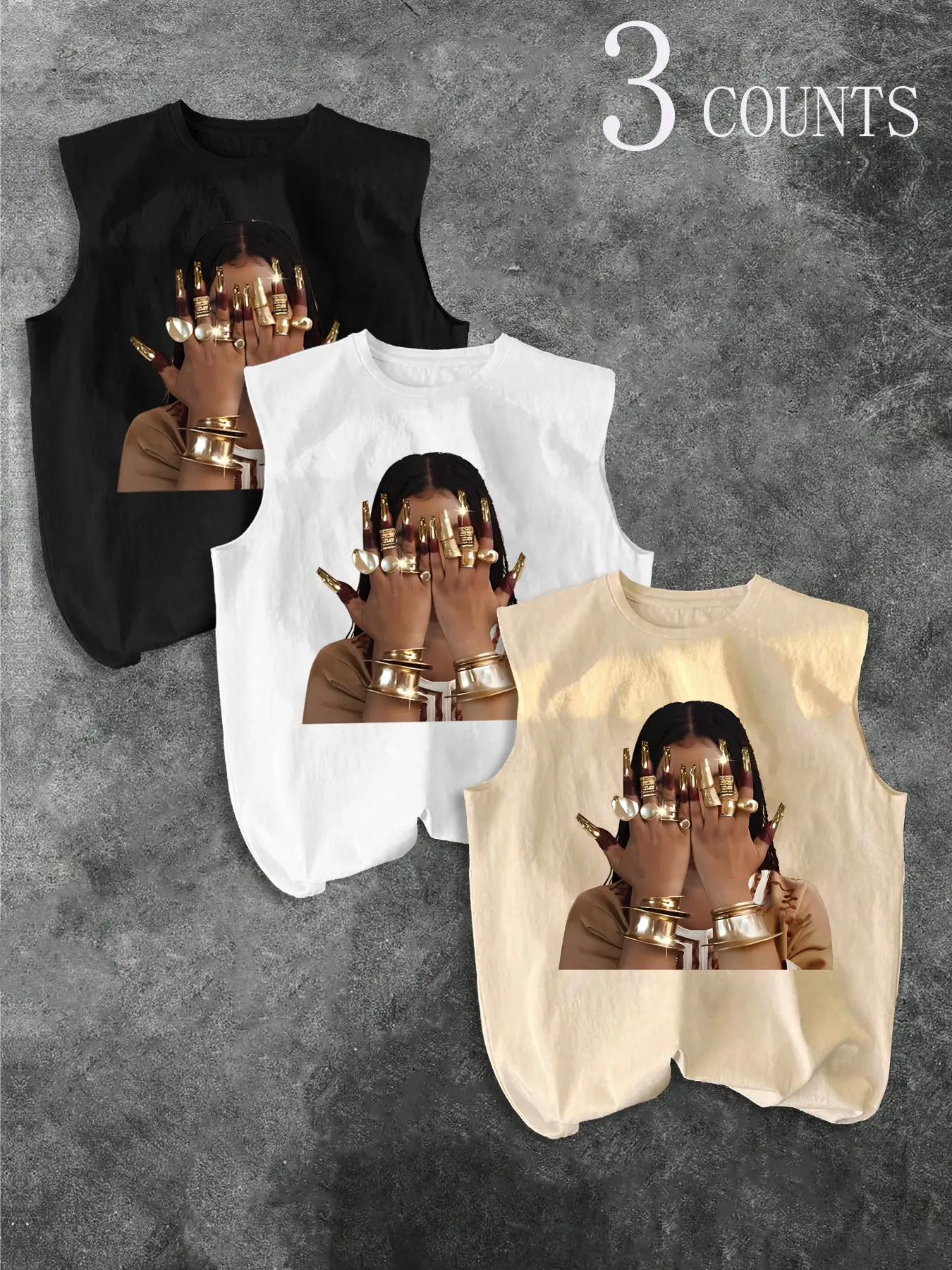 Men's Trendy Casual Sleeveless Top Three-Piece Set, Stylish Summer Tank Top with Lady Print, Perfect for Vacation and Friend Gatherings