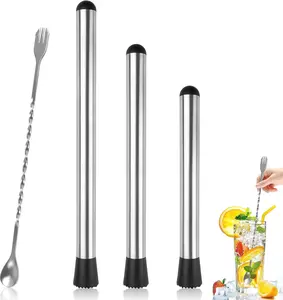 , 4 Pack Cocktail Muddler 8" 10" 12" and Bar Spoon Set, Stainless Steel Muddler Tool, Bar Accessories for Mojitos Fruit Lemon Drinks Party
