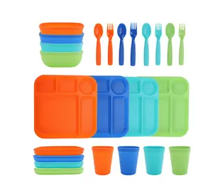 24-Piece Plastic Kids Dinnerware Set with 4 Trays, Bowls, Plates, Cups, Forks, Spoons in Orange, Blue, Aqua, Green