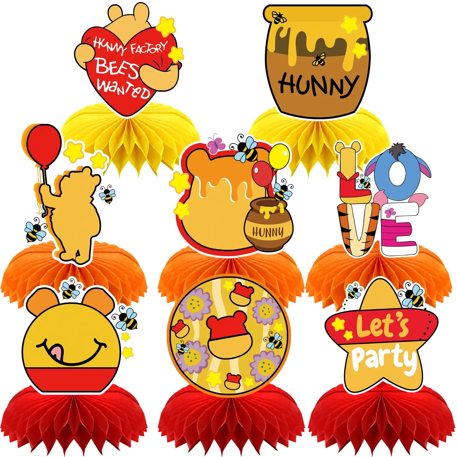 8Pcs Bear Honeycomb Centerpieces Decorations, DIY Birthday Table Party Decorations, Honeycomb Centerpieces Double Sided Table Topper for Birthday Baby Shower Supplies