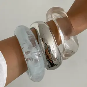 Punk Geometric Clear Acrylic Resin Wide Bangles Vintage Fashion Silver Color Metal Bracelet Bangle For Women Men Jewelry