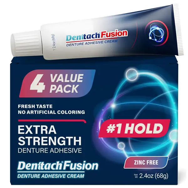 Denttach Fusion Denture Adhesive, (Pack of 4) 2.4 Ounce, Ultra Strong Hold and Seal, Dental Adhesive Cream for Dentures and Partials, Zinc Free Denture Glue