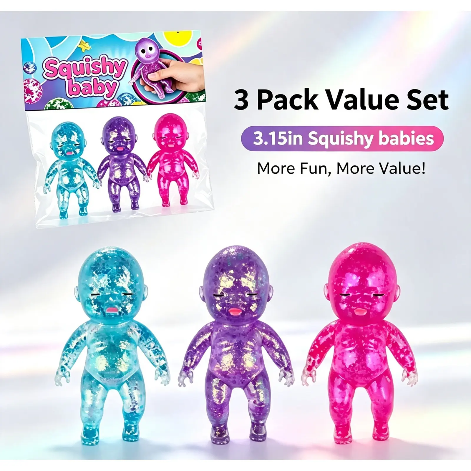 3 Pack 3.15 Inch Glitter Baby Squishies Stress Balls, Soft Cute Dual Texture Squeeze Toy, Sensory Fidget Toy for Anxiety Relief, Portable Desk Decor & Relaxation Gifts for Adults