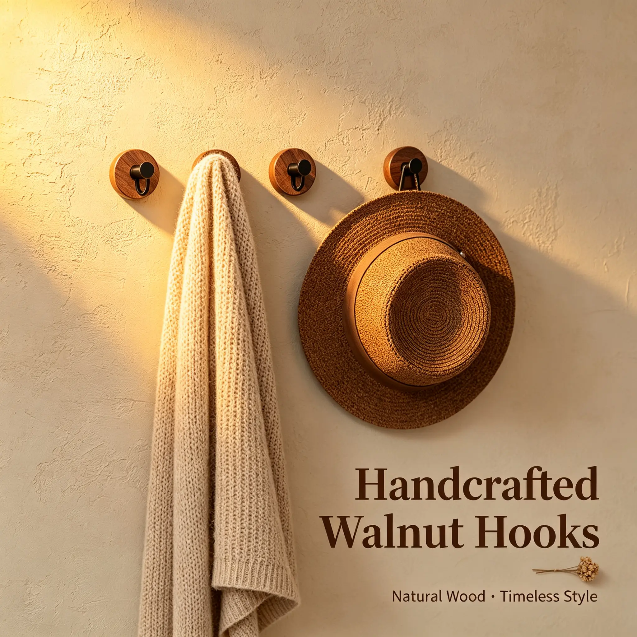 Decorative Walnut Wood Adhesive Hooks, 2Pcs Waterproof Wood Wall Hanging Hooks, Punch-Free Heavy Duty Hanger for Entryway, Bathroom, Hanging Key Purse Towel