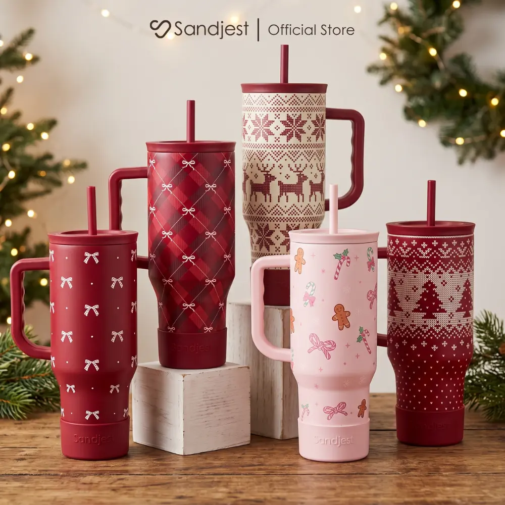 SANDJEST Christmas Holiday 40oz Stainless Steel Slider Tumbler with Handle and Straw, Insulated Large Capacity Cup, Car Cup Holder Friendly, Perfect for Travel Outdoor, Gift for Her Women Birthday XMAS #TikTokShopBlackFriday