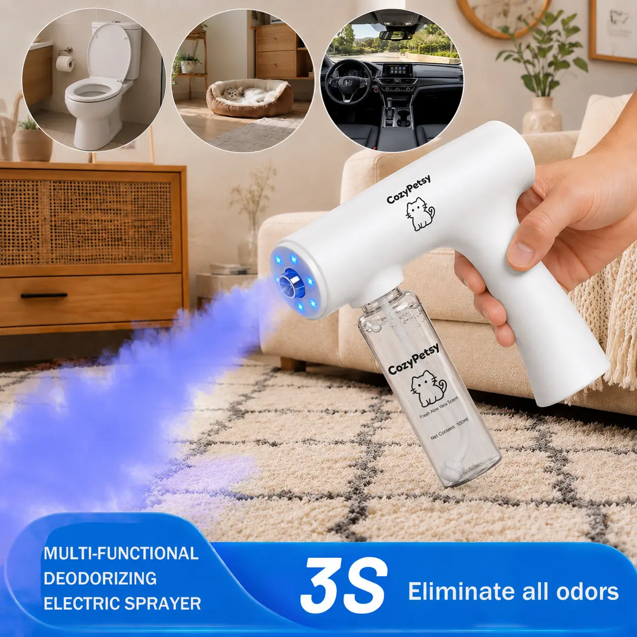 Blue Light Odor Eliminator Spray Gun Kit, Multi-Purpose Deodorizing Spray for Smoke, Toilet Odor, Pet Odor and Urine Odor, Helps Break Down Pet Urine, Bio-Enzyme Formula, Pet Friendly, Safe if Licked Cleaner,dorm essentials,home essentials