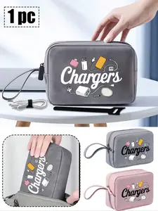 Electronic Products Travel Bag with Data Line and Power Bank Pattern, Multi-Layer Zippered Digital Storage Bag, Portable Electronic Accessories Organizer, Durable Pouch