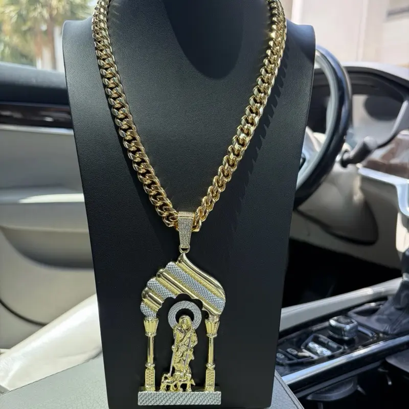 14k Gold Large Saint Lazarus Pendant with Miami Cuban Chain
