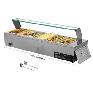 Summervibes VEVOR Commercial Food Warmer, 1500W Electric Stainless Steel Steam Food Warmer with Glass Cover, 6x 1/3 Size Pans Buffet Bain Marie with Soup Perforated Ladles, for Catering, Restaurant Party