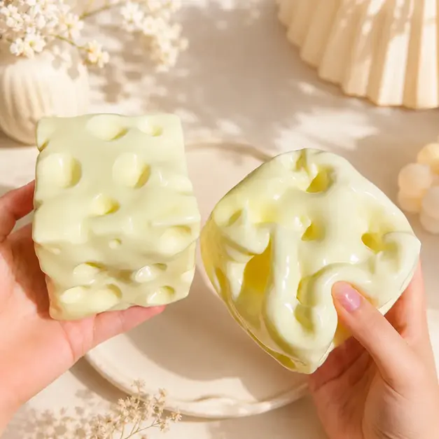 Cheese Cube Squishy Toy - Yellow & Pink, Soft Moldable Petroleum Jelly-Filled Squeeze Ball (6cm/7cm), ASMR Fidget Toy for Anxiety Relief
