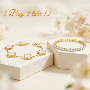 [Buy 2 take 1] VNOX Layered Stack Bangles bracelet Set for Women Girls, 18 K Gold Zircon Stainless Steel clover floral charm Bracelets, Non Tarnish Open Bangle, Adjustable hand chain Cuff, Daily Fashion Jewelry, Gift for Her cute jewelry lock bracelet