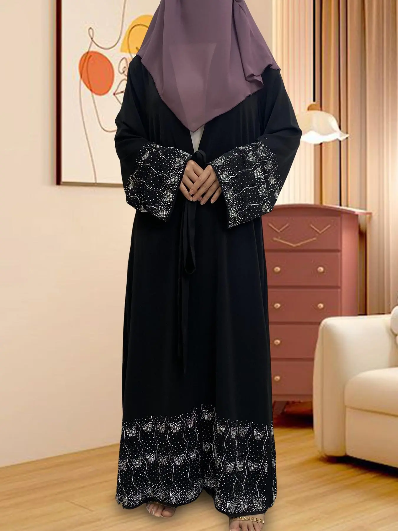 Women's Solid Color Open Front Islamic Abaya, Modesty Abaya, Loose Fit Abaya, Modest Casual Long Sleeve Lounge Dress for Daily Wear, Muslim Clothing for All Seasons