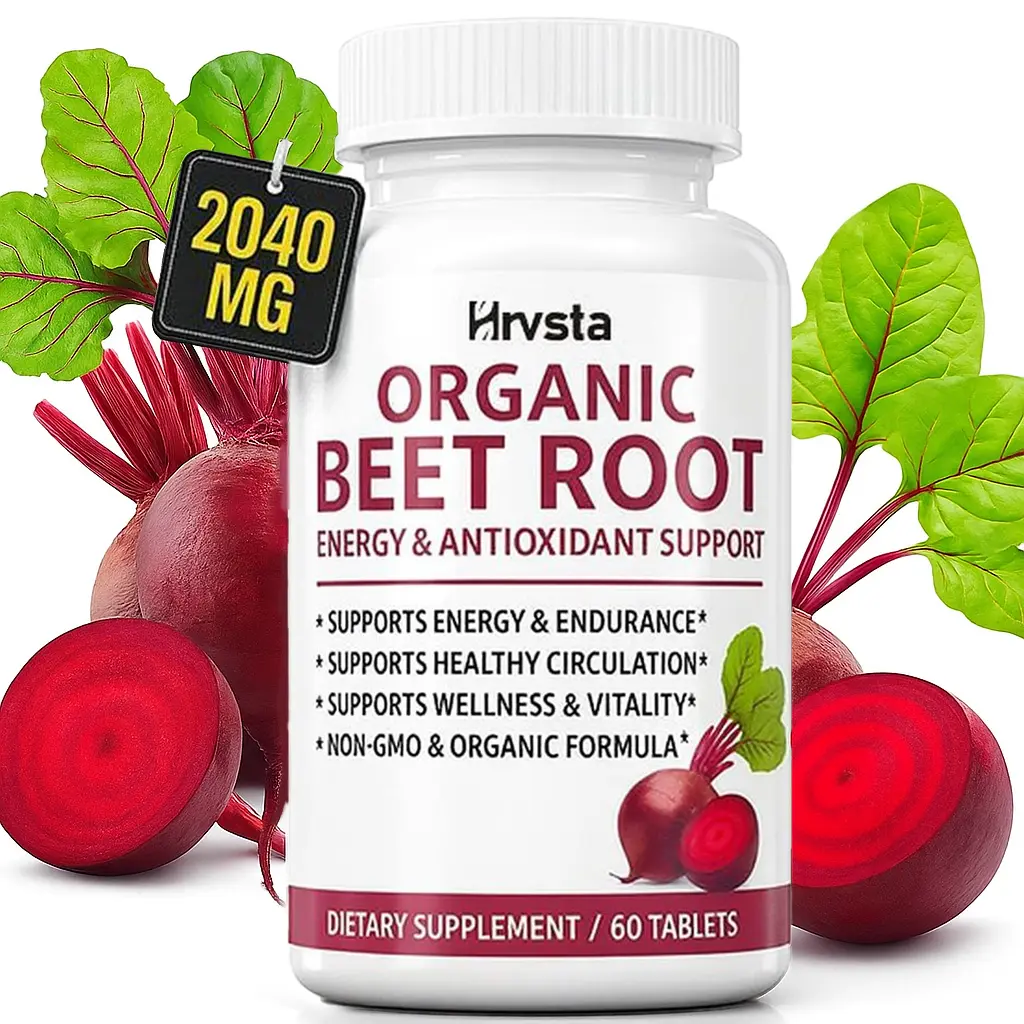 Organic Beet Root Powder Tablets - 2040mg High Nitrates Natural Nitric Oxide Beets, Black Pepper for Better Absorption, Non-GMO Fitness Supplement for Adults with Vitamin A, Iron for Energy Boost, Helps Boost Athletic Output, 60 Tablets