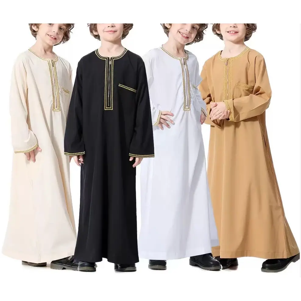 Boys' Striped Kaftan Robe - Elegant Ethnic Long-Sleeve Loose-Fit Polyester-Blend Garment with Gold Chain Detail