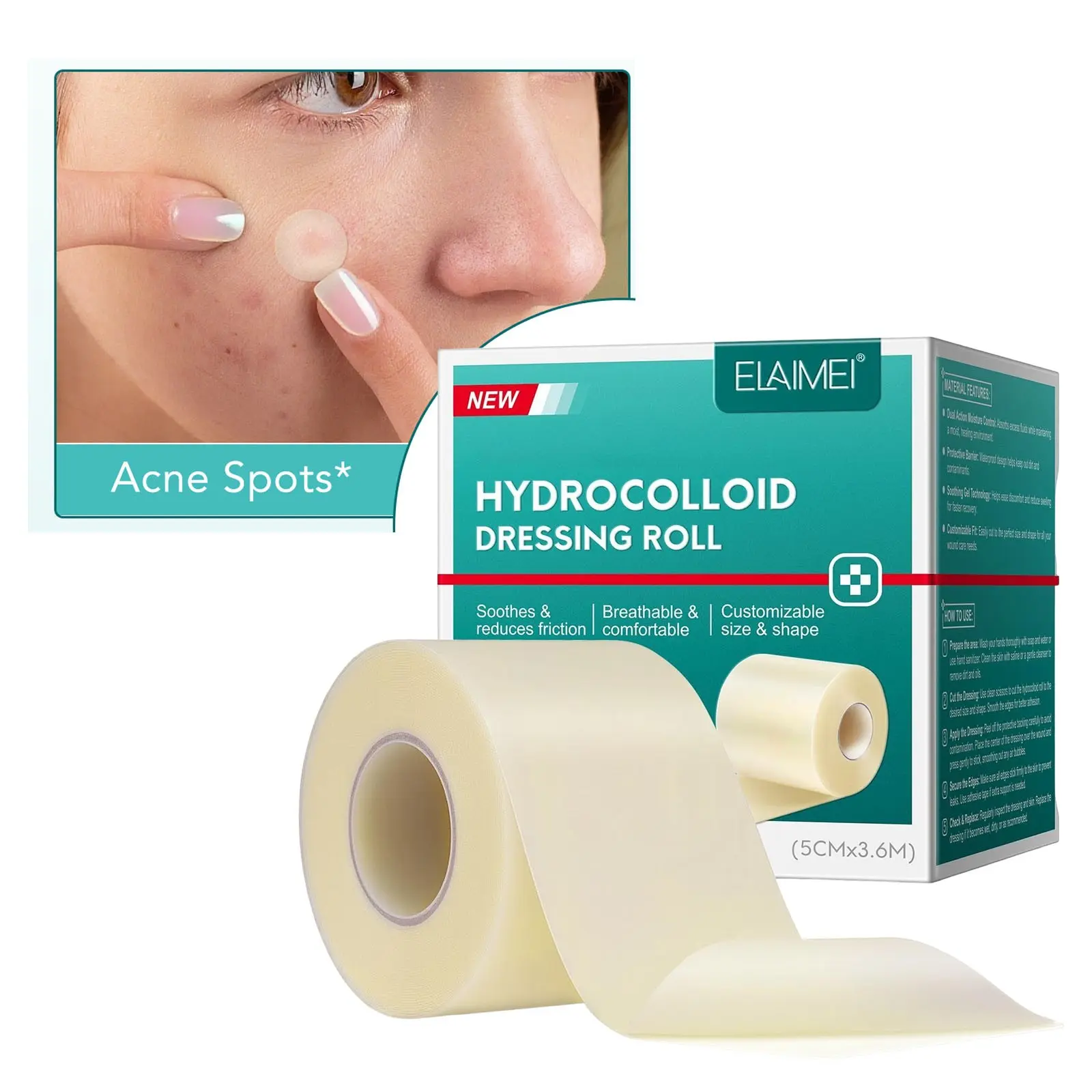 5cm×3.6m Hydrocolloid Dressing Roll, Economical Large Roll, Cut-To-Size Acne Spots Patches, Multi-Purpose Wound Care, Easy to Use