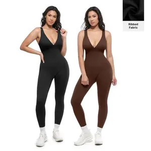 Deep V Shapewear Sportswear Yogawear with Chest Support Breathable High-Waisted Tummy Control Jumpsuit in Ribbed Fabric