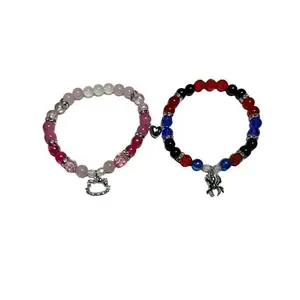 Kitty Cat x Spiderboy Cute Matching Bracelets for Couples Pink Sparkly Beads Red Black Blue Beads Fashion Jewelry Accessories Trendy Bangles with Heart & Spider Charms