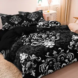 3Pcs Black White Floral Bedding Set Luxury Gothic Baroque Duvet Cover Queen King Bedding Set, Included 1*Duve Cover & 2*Pillowcase (Comforter Not Included) Suitbale For Four Season