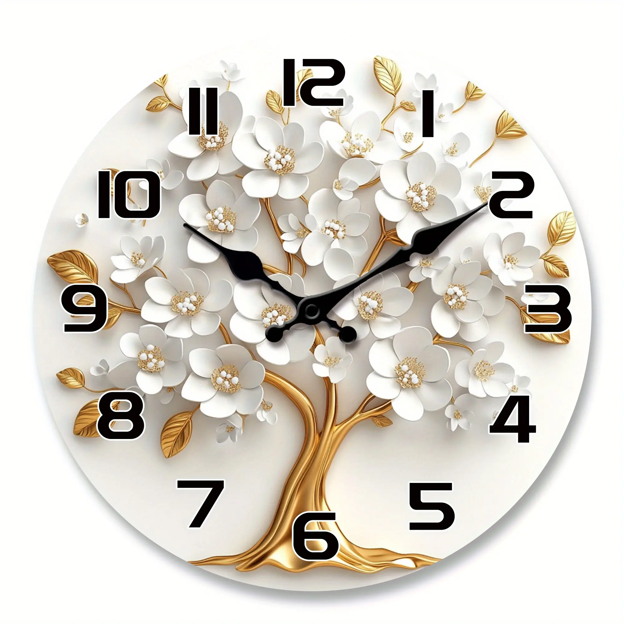 Simple White Flower and Golden Tree Pattern Design Wooden Veneer Wall Clock, Floral Theme Silent Clock, Suitable for Living Room, Bedroom, Kitchen, Office Decoration, Modern Home Art Decoration, Ideal Valentine's Day, New Year Gift, Birthday Gift