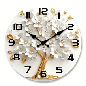 Simple White Flower and Golden Tree Pattern Design Wooden Veneer Wall Clock, Floral Theme Silent Clock, Suitable for Living Room, Bedroom, Kitchen, Office Decoration, Modern Home Art Decoration, Ideal Valentine's Day, New Year Gift, Birthday Gift