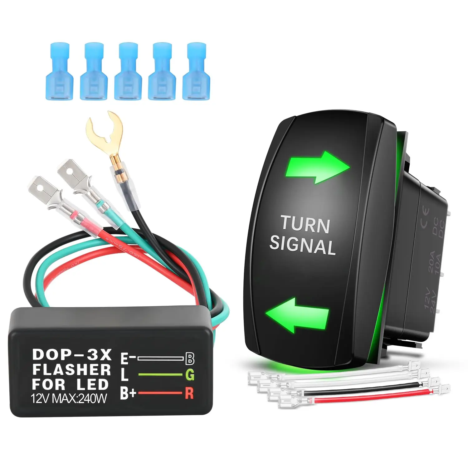 Nilight 4PIN ON-Off-ON Rocker Turn Signal Switch with Flasher Relay Kit - Green LED Laser Etched SPDT, 12V 20A/24V 10A Jumper Wires, 3-Wire Electronic LED, 5 Blue Connectors for Trucks, Golf Cart, Trailers, Rocker Switch Panel
