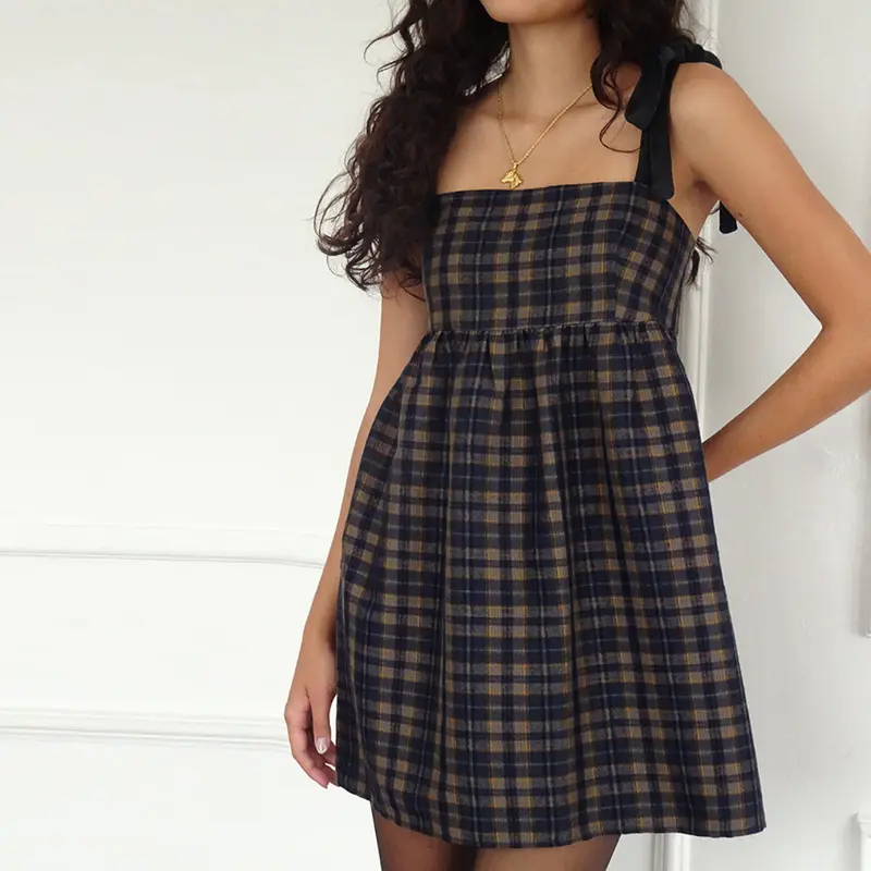Women Vintage Plaid Babydoll Dress with Black Bow Straps - Square Neck Backless Mini Dress for Y2K & Retro Style Lovers