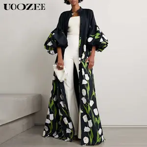 UOOZEE Women's Polyester Trench Coat - Stand Collar, Loose Long Sleeves, Pleated Detailing, Floral Print, Split-Joint Design, Elegant Button-Front Womenswear,summervibes