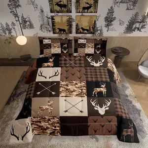 Camo Deer Antlers Kids Comforter Set,Animal Arrow Silhouette Bedding Set,Girls Boys Adults Home/Xmas Cabin Decor,Lattice Patchwork Down Comforter,Brown Rustic Duvet Insert