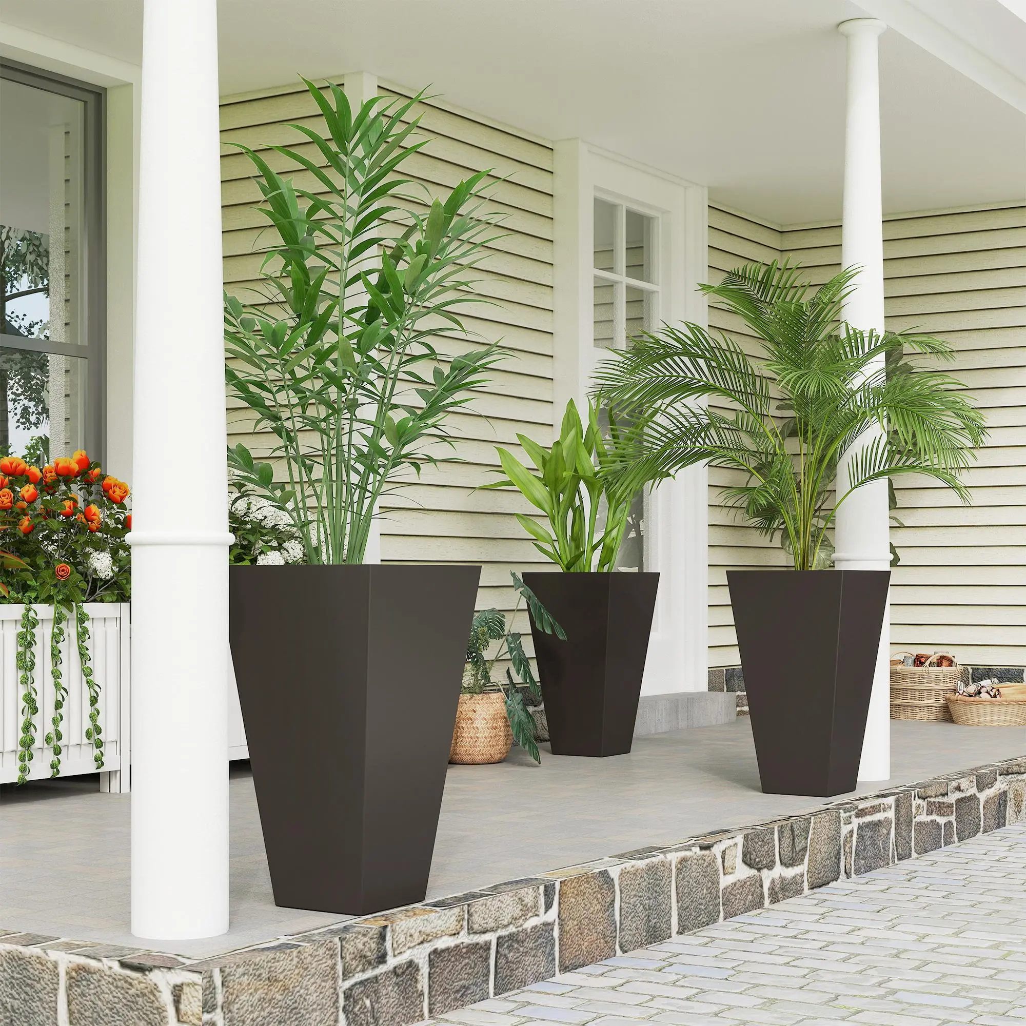 #Summervibes 【Set of 3】Outsunny Set of 3 Tall Planters with Drainage Hole, 28" Outdoor Flower Plant Pots, Indoor Planters for Porch Patio and Deck