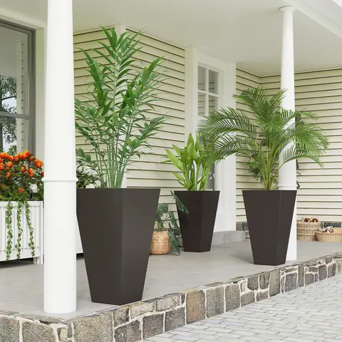 Outsunny 3-Piece Square Tall Garden Pot Set - 15.75in L x 15.75in W x 28in H Sturdy Pots, 27.25in Deep UV-Safe Outdoor Plastic Planter with Drainage Hole & Plug, Herb/Flower/Veg Fit for Porch Balconies, Indoor Use