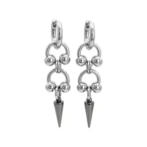 Double Ball Hoop with Spike Dangling Hoop Earrings - Pair - Stainless Steel
