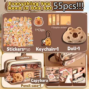 55-Piece Cute Water Buffalo Canvas Pencil Box Set, Art Supplies, Includes Dolls, Stickers, Accessories, Spacious Layered Compartments, Zipper Closure