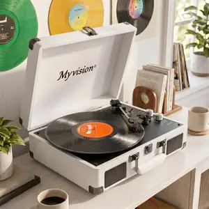 Myvision Rechargeable Vinyl Record Player - Retro Litchi Grain Suitcase Portable Turntable with 3-Speed Play, Bluetooth Sync, RCA Output, Stereo Speakers, CD Player, Cool Tech Gadgets, Retro Home Decor, Mother's Day Gift