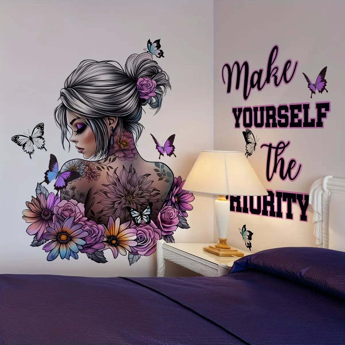 Spring Home Decor Wall Stickers, Floral Butterfly Backdrop Decals, Bedroom Living Room Sofa Background Decoration, Floral Pattern Sticker, Decorative Decal