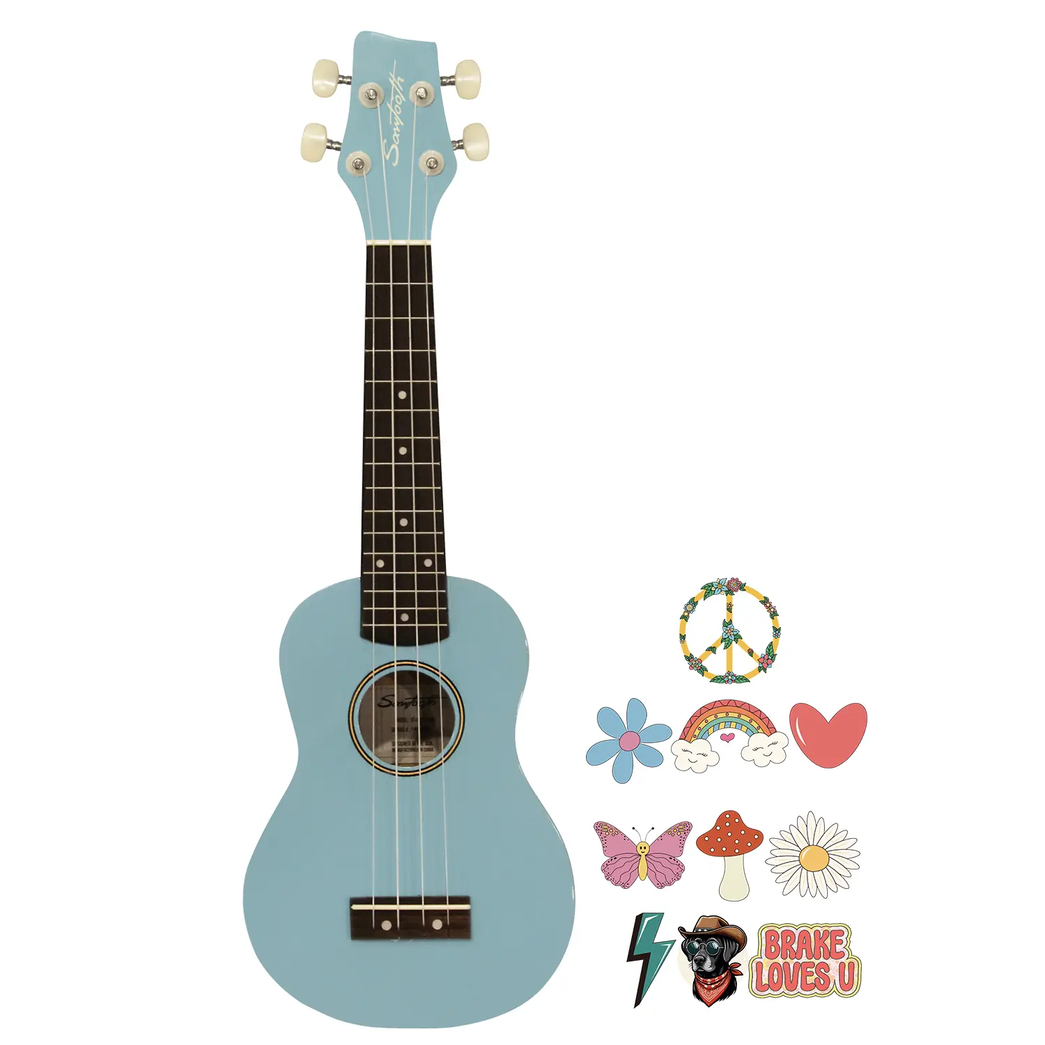 Sawtooth Daphne Blue Basswood Soprano Ukulele w Official Brake Stickers