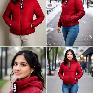 Moda Nellav Women's Red Puffer Jacket - Stylish Quilted Design with Adjustable Hood for Winter Comfort
