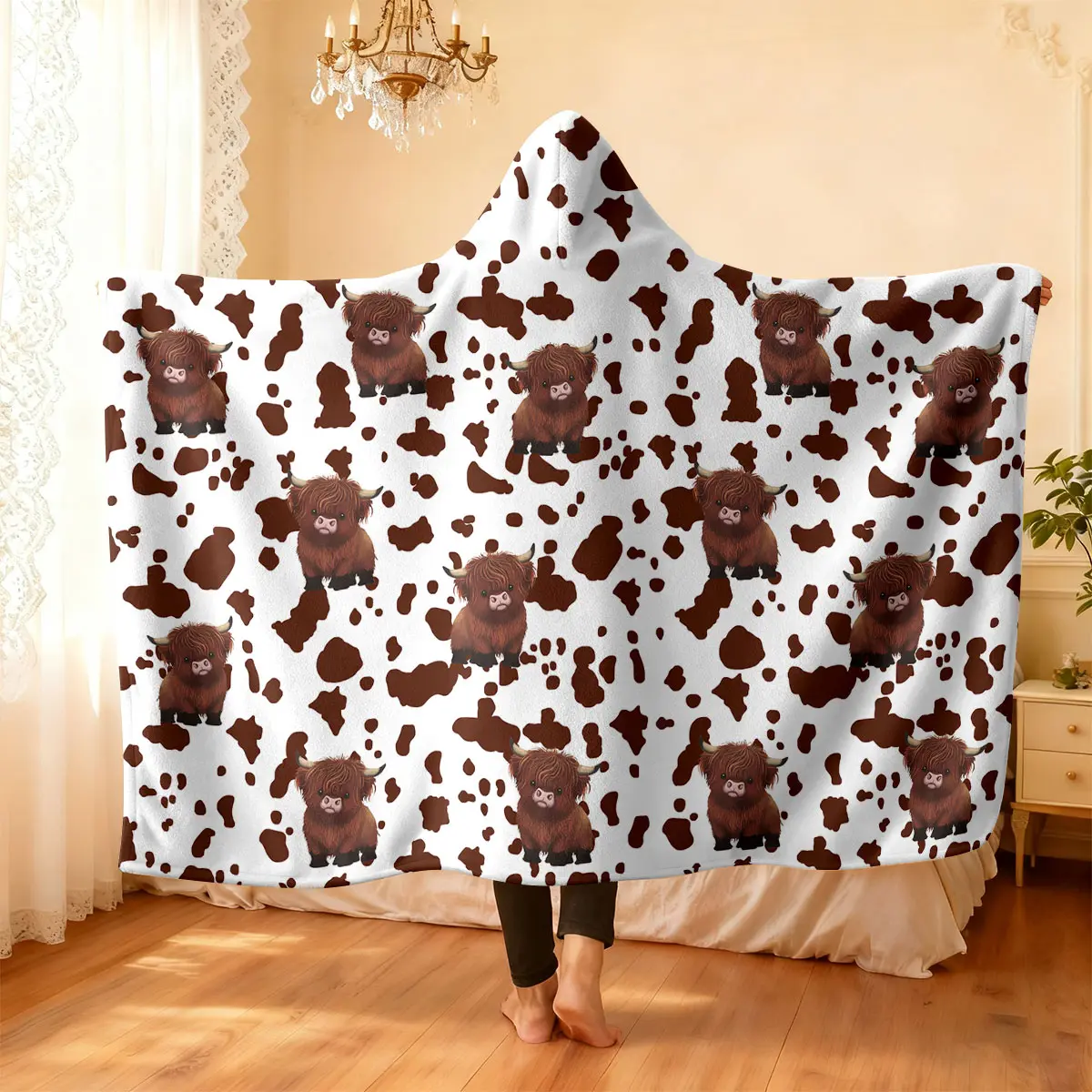 1 piece of cute highland cow, brown and white cow spotted element print hooded blanket Animal Blankets Soft and comfortable Flannel Cozy Blanket boys and girls bedroom living room sofa cover blanket camping blanket Cow Pattern Blanket Winter Blanket