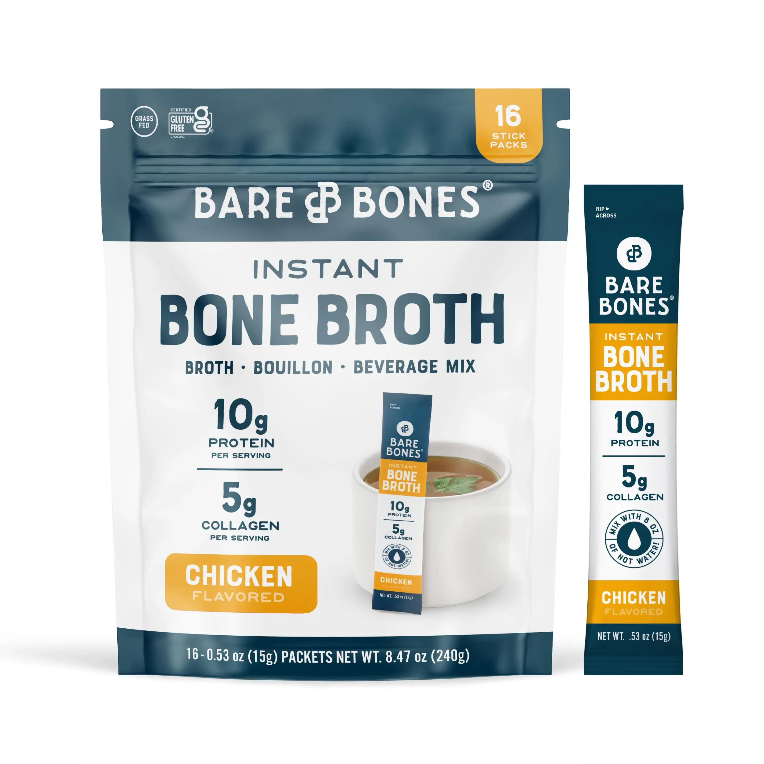 Bare Bones Instant Bone Broth Chicken Flavor | 10g Protein & 5g Collagen | Gut Health & Protein Boost | Keto, Paleo, Intermittent Fasting Friendly | 1