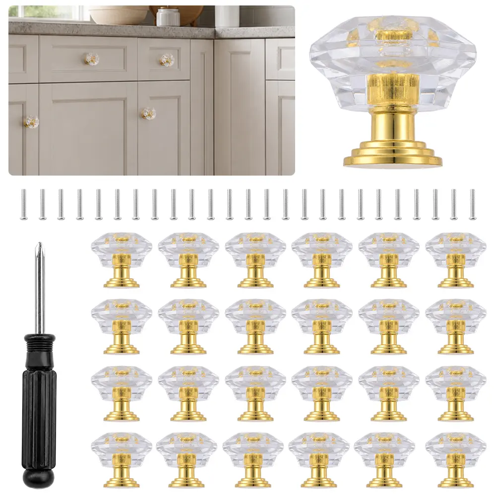 25-Pack Crystal Glass Cabinet Knobs Set, Gold Decorative Look Handles for Cabinets Drawers, Dresser, Bedroom Wardrobe, Bathroom Desk