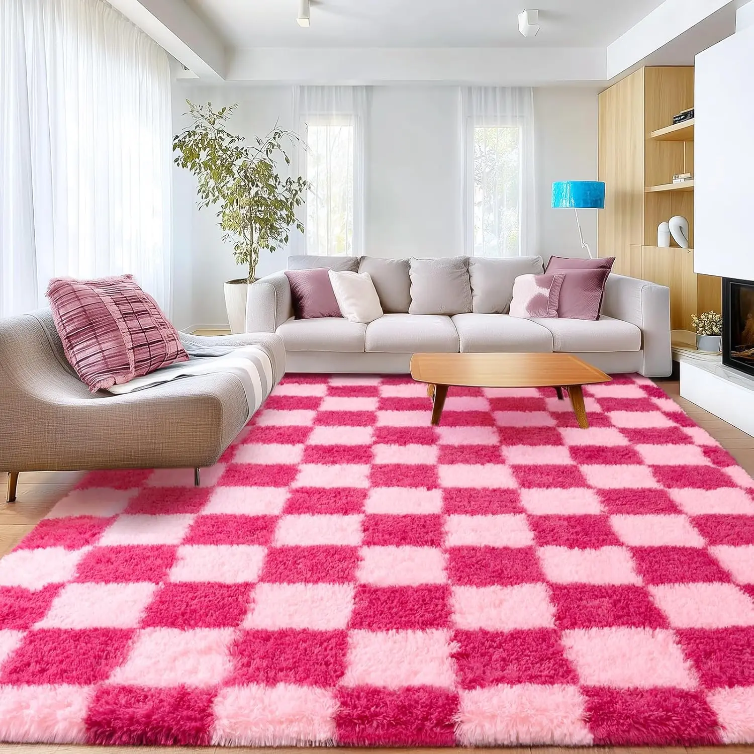 BOOPBEEP Fluffy Shaggy Crochet Weave Area Rug - Super Soft Cozy Antislip Dots Grip Carpet, Dryclean Ok Floor Mat for Rugs for Bedroom, Living Rooms, Ideal Mother's Day Gift, Hot Pink