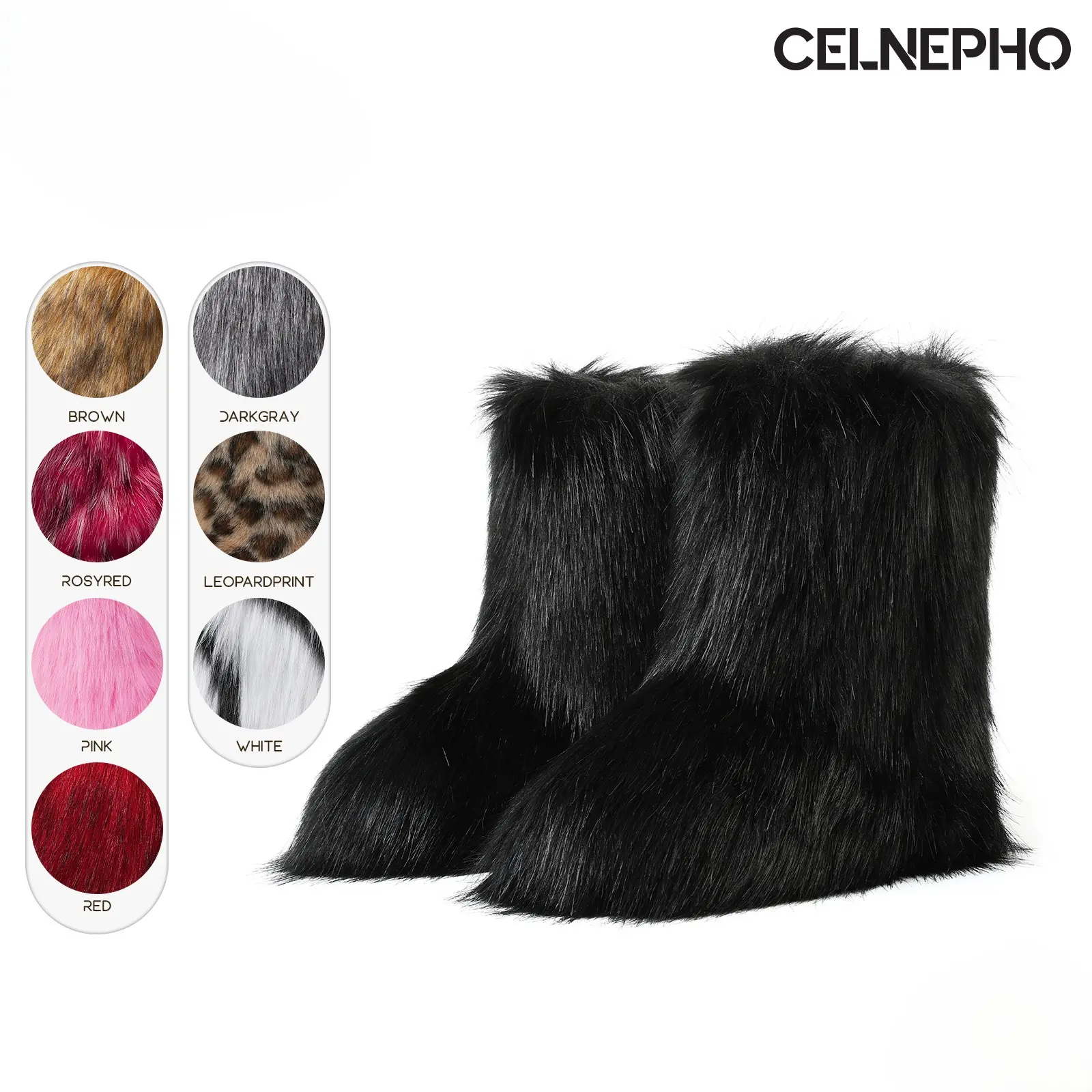 CELNEPHO Womens Faux Fur Boots Round Toe Flat Heel Mid Calf Boot Fuzzy Fluffy Easy Pull on Warm Indoor Comfortable Snow Booties Chilly Day Booty Gift Casual Daily Wear Trendy Fashionable Dress Shoes
